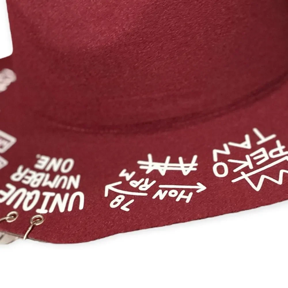 Burgundy Fedora Graffiti Wide Brim Silver O-Rings Fedora Hat NEW